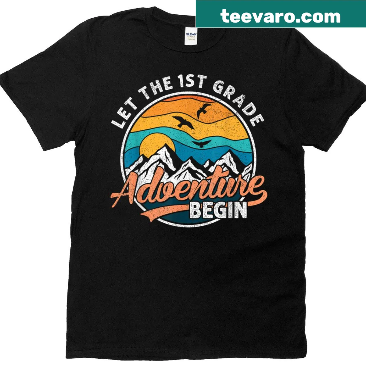 Fun retro T-shirt for 1st graders with 'Let The Adventure Begin' graphic — on a men's t-shirt