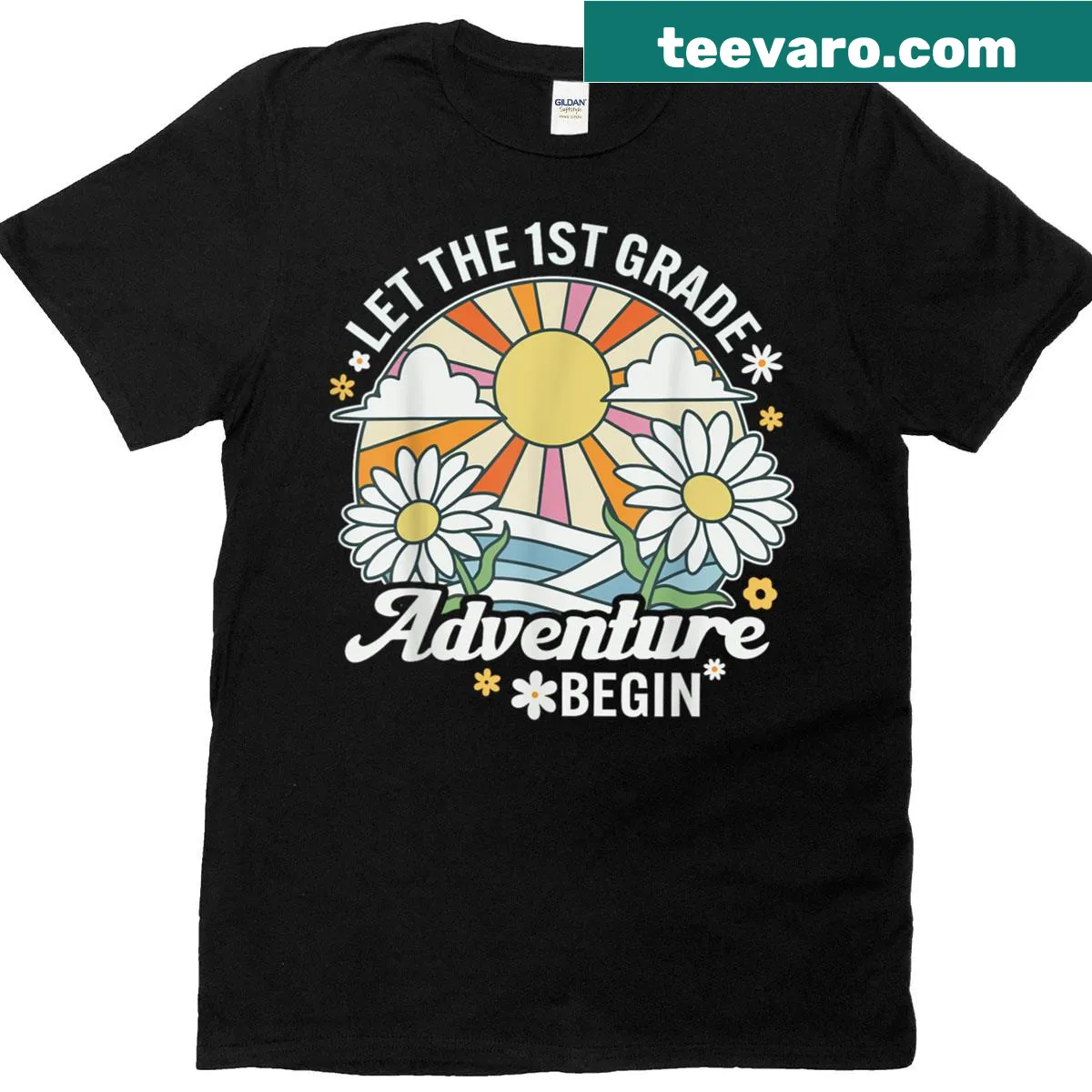 Retro first day of school shirt with text 'Let The 1st Grade Adventure Begin' — on a men's t-shirt