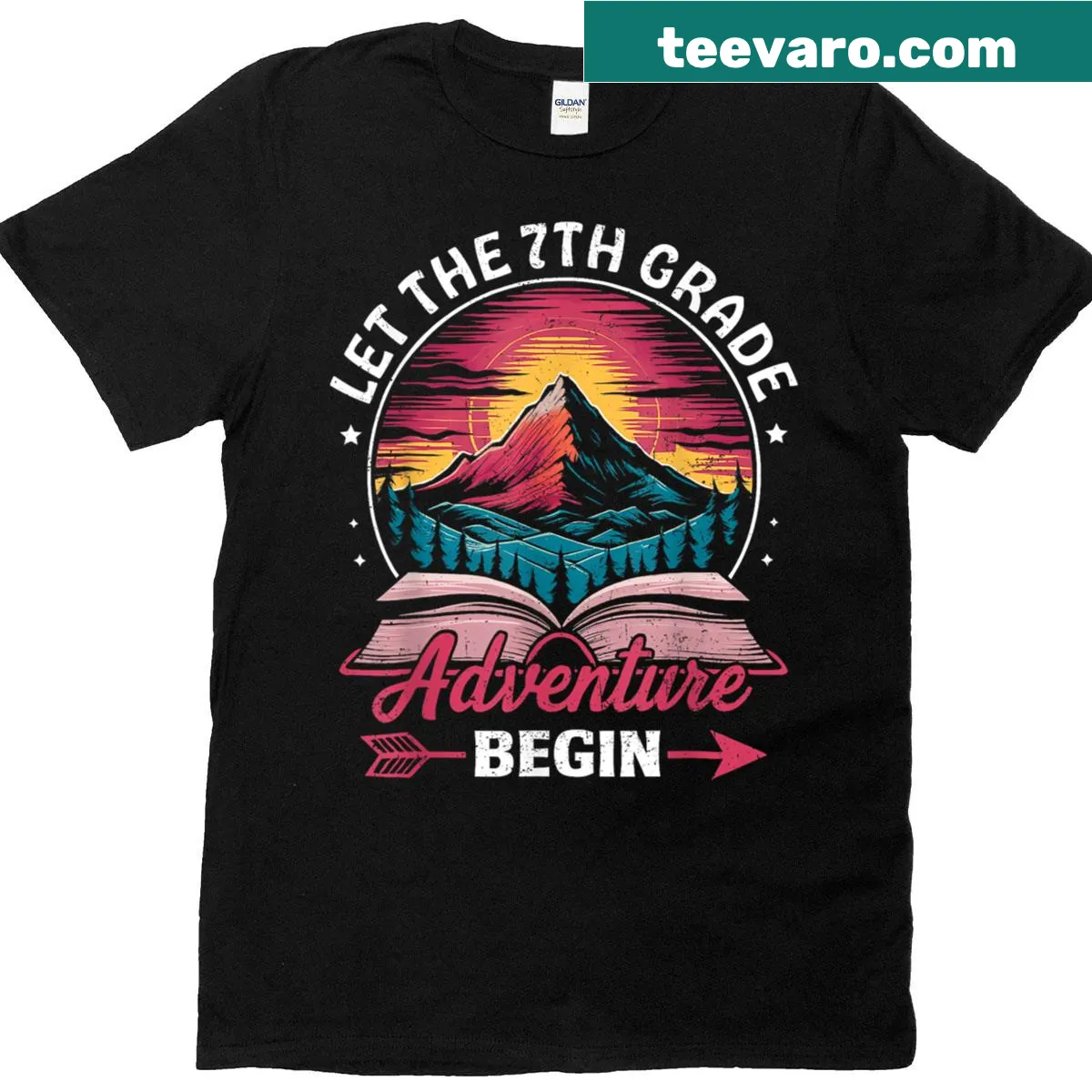 Retro first day of school shirt with text 'Let The 7th Grade Adventure Begin' — on a men's t-shirt