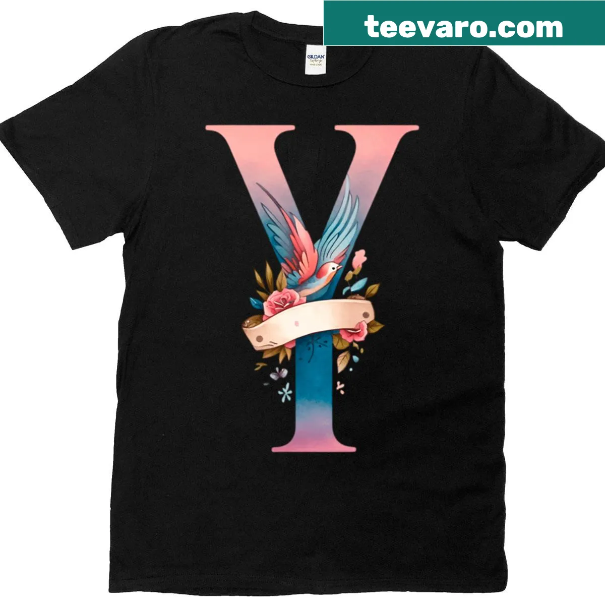 Watercolor T-shirt featuring a monogram design with birds and roses — on a men's t-shirt