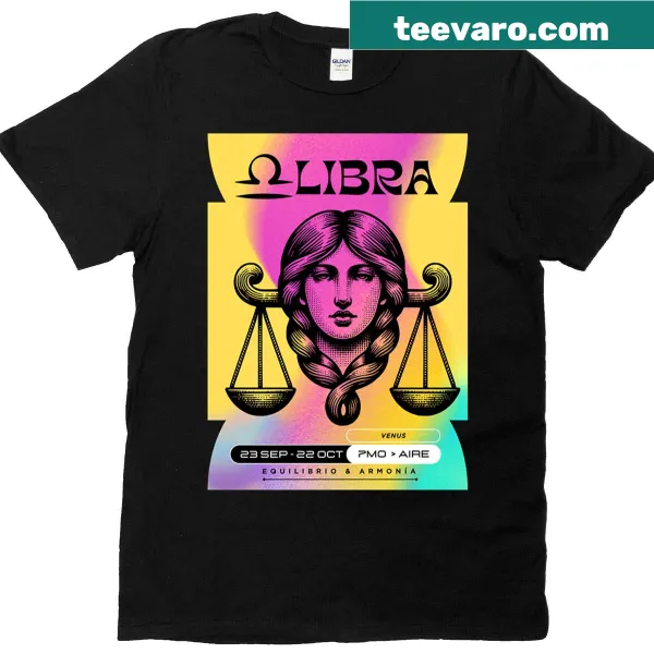 Libra zodiac t-shirt with celestial motifs and Libra symbol