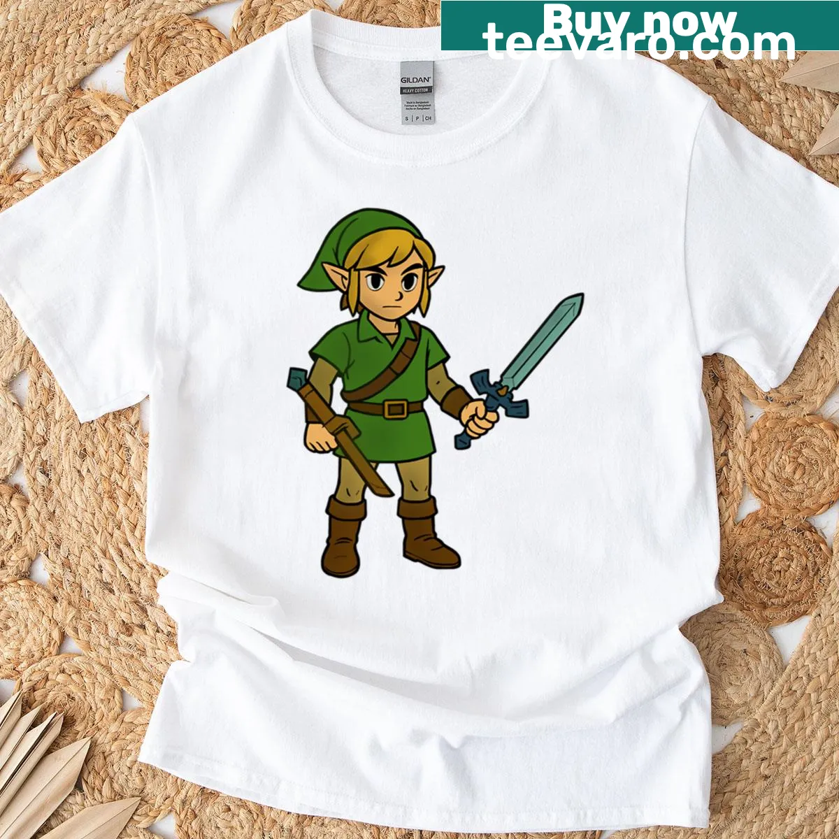 Cartoon-style T-shirt featuring design elements from Link and Zelda — on a men's t-shirt