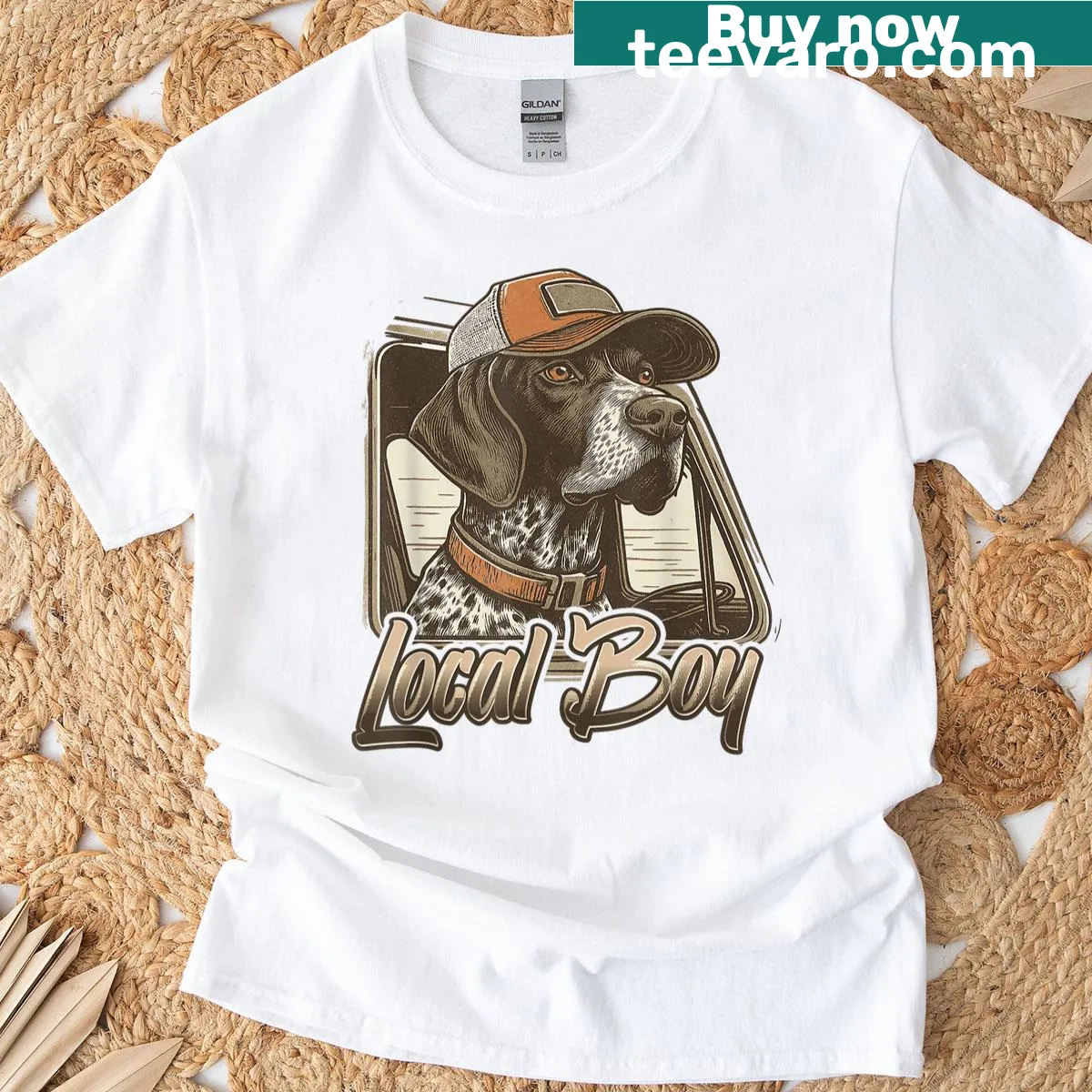 Retro tee celebrating local pride and hunting dogs with vintage text — on a men's t-shirt