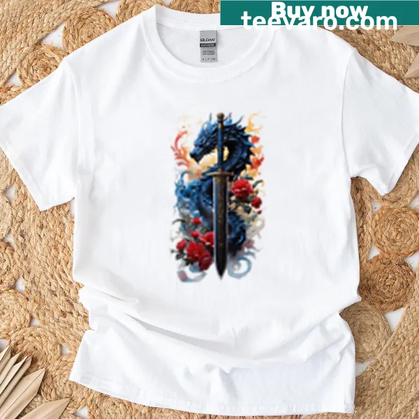 T-shirt with illustration of a magical sword and dragon elements