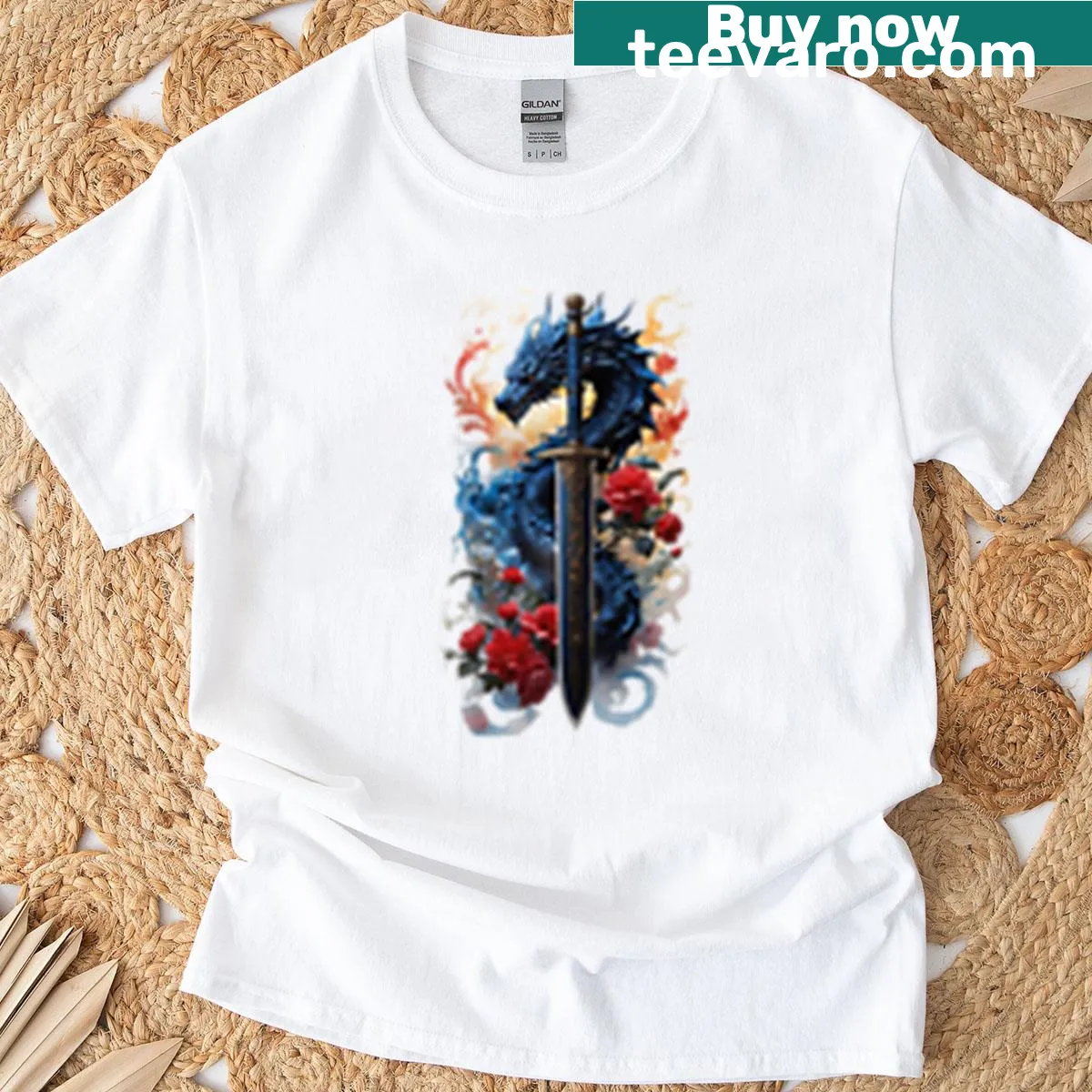 T-shirt with illustration of a magical sword and dragon elements — on a men's t-shirt