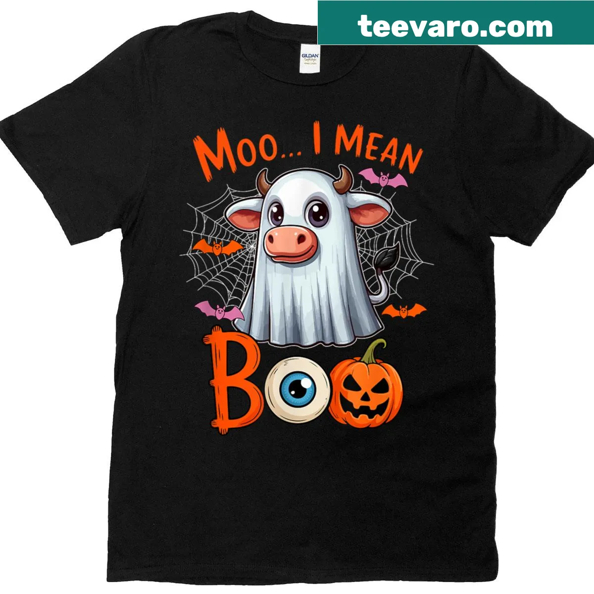 Cow cosplay themed Halloween t-shirt with playful ghost design and text — on a men's t-shirt