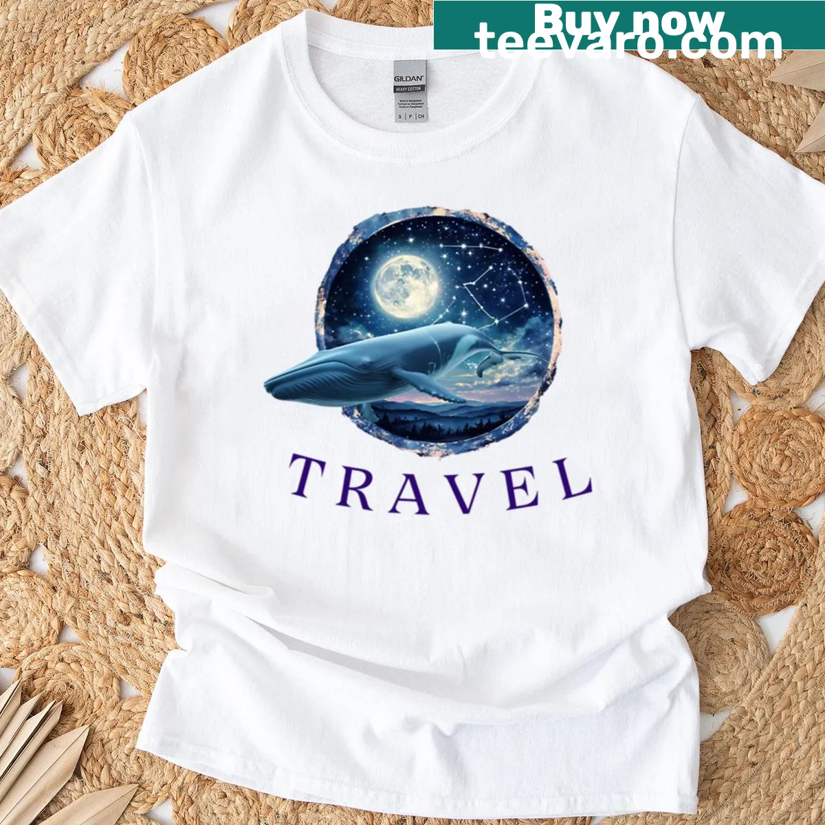 Illustrated Moonlit Voyage t-shirt featuring a serene nighttime seascape — on a men's t-shirt