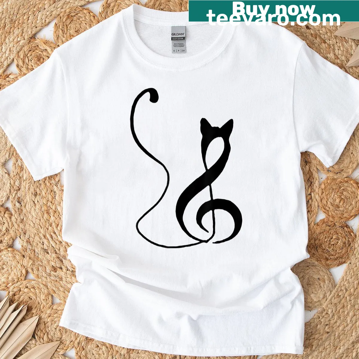 Minimalist cat design with music notes on a t-shirt — on a men's t-shirt