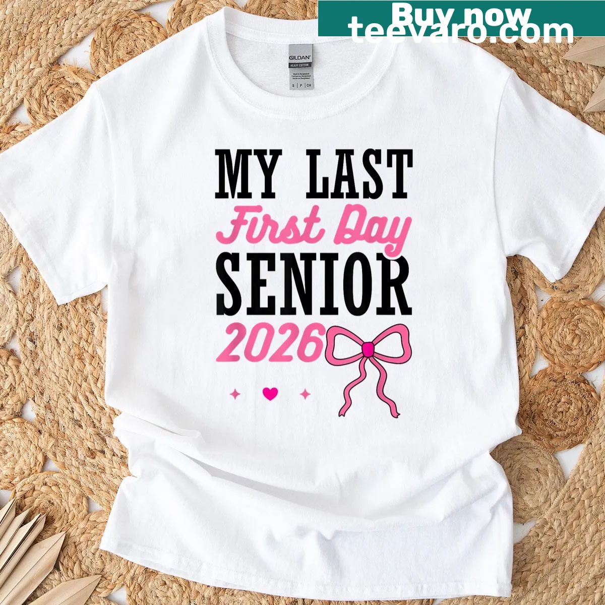 Graduation t-shirt with 'My Last First Day' and a pink bow design for seniors. — on a men's t-shirt