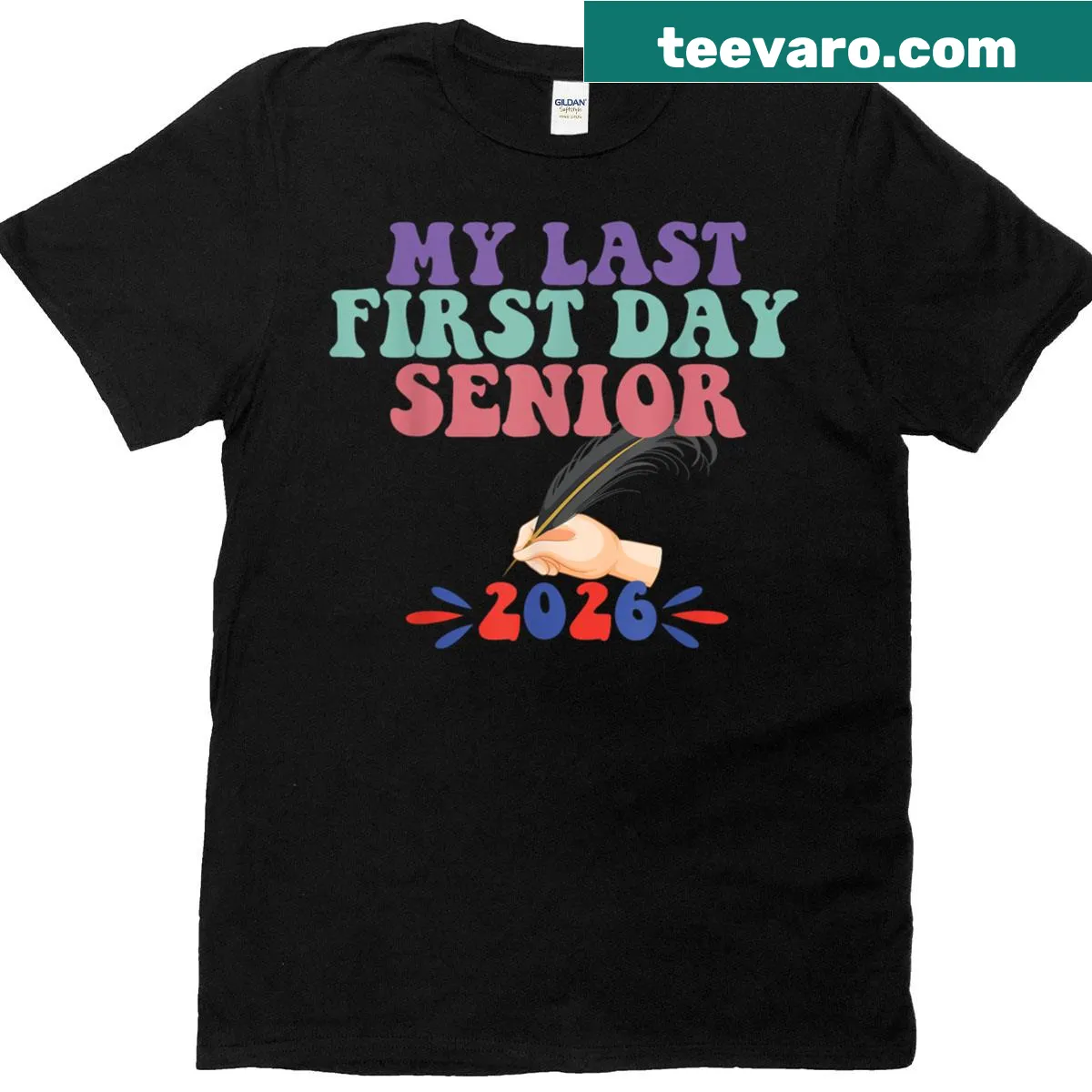 Senior year t-shirt with bow graphic and celebratory text — on a men's t-shirt