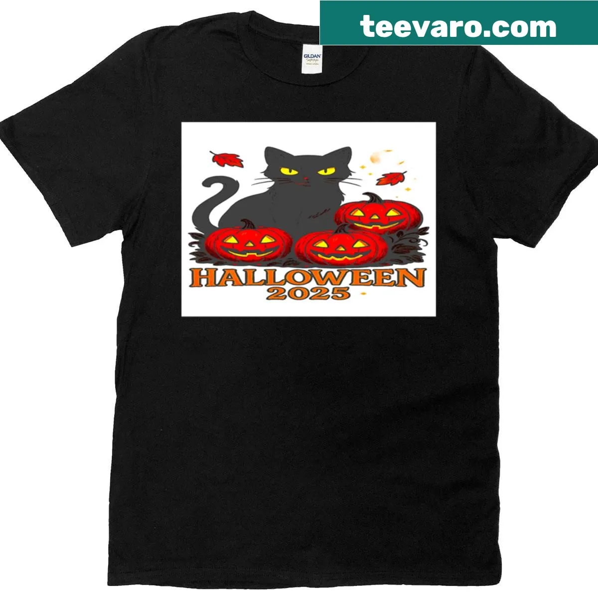 Halloween t-shirt with a gray cat and pumpkins — on a men's t-shirt