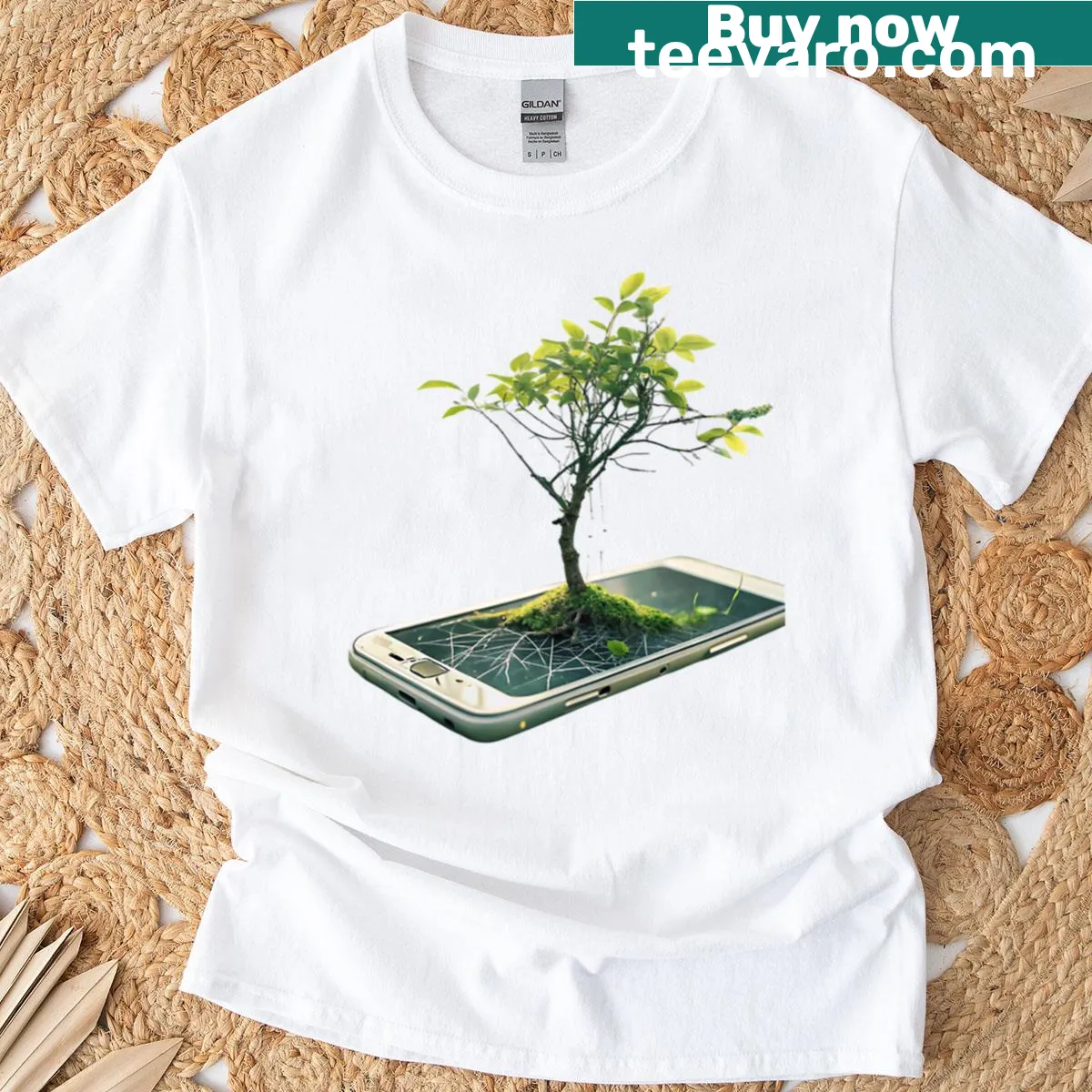 Surreal graphic tee depicting nature and technology in opposition — on a men's t-shirt