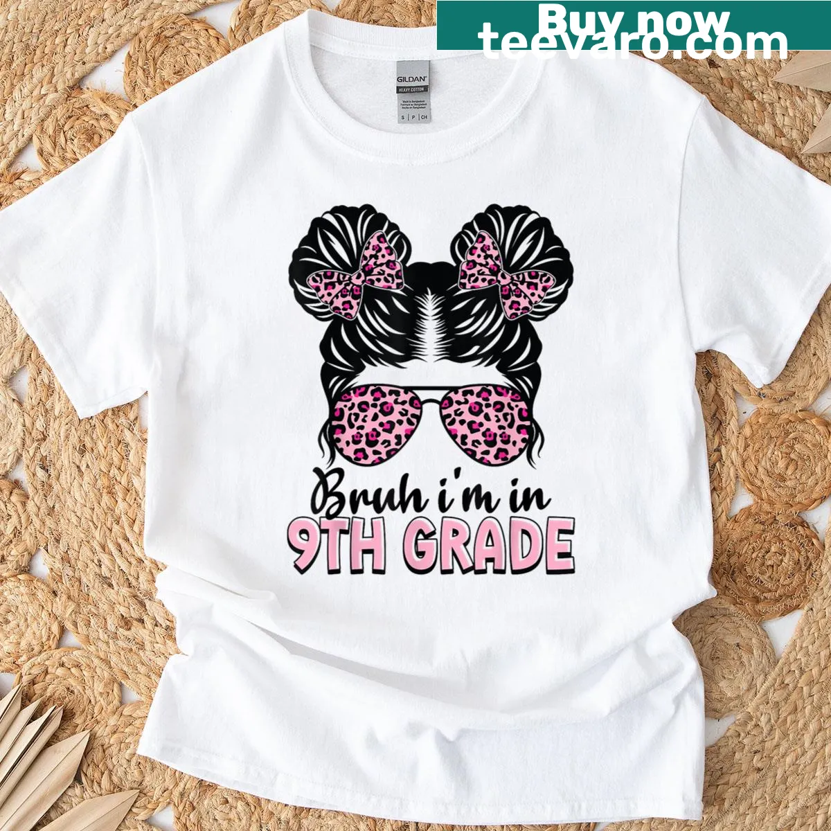 Playful t-shirt featuring the phrase Bruh I'm In 9th Grade with a messy bun graphic. — on a men's t-shirt