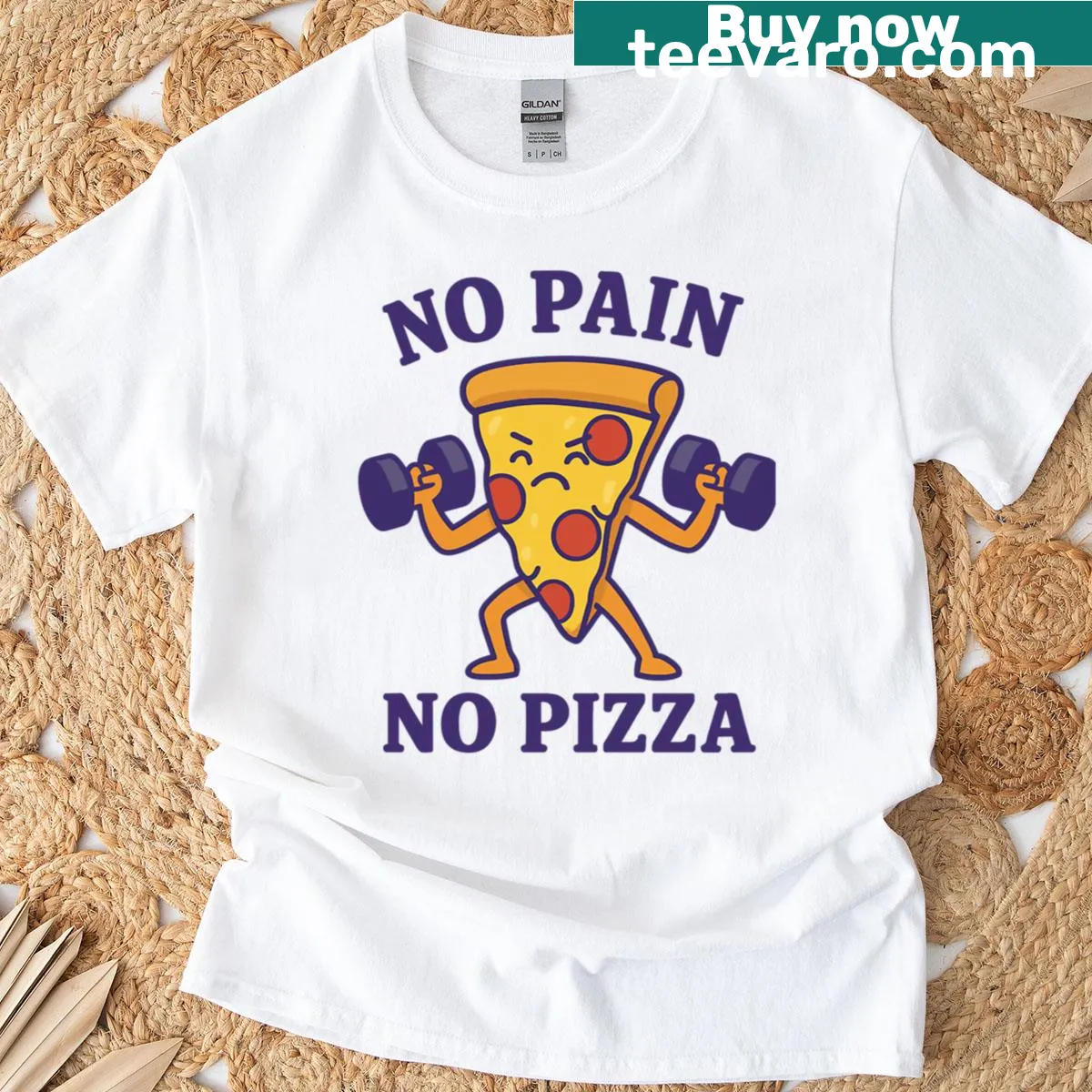 Funny fitness t-shirt with 'No Pain No Pizza' design — on a men's t-shirt