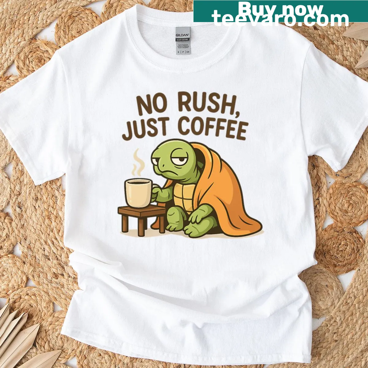 Illustration of a turtle enjoying coffee on a playful t-shirt design — on a men's t-shirt