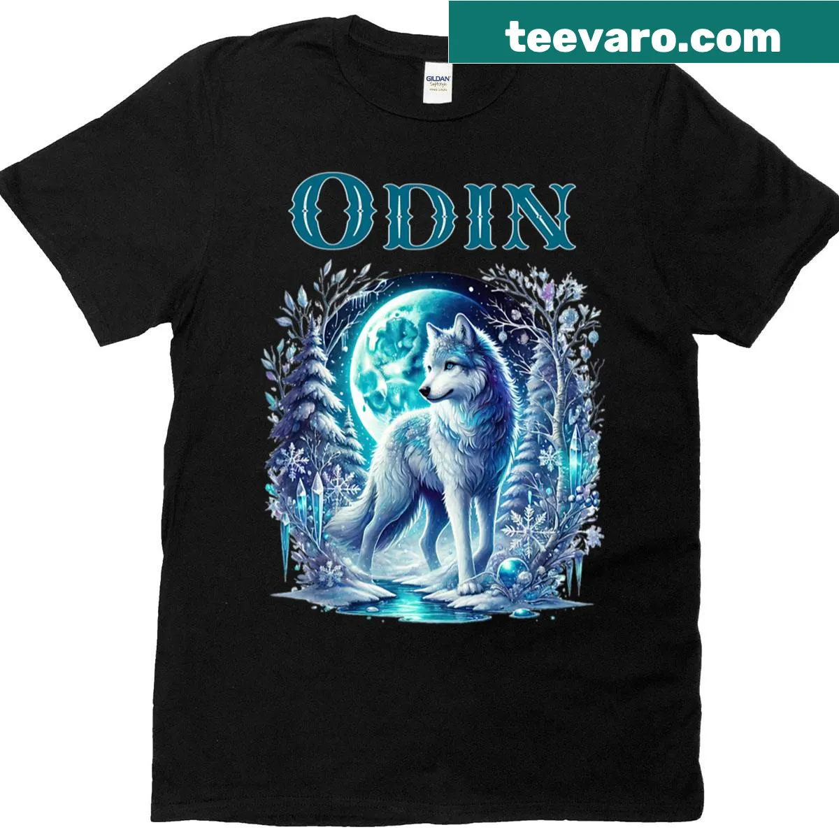 Majestic wolf at moonlit stream illustration on t-shirt — on a men's t-shirt