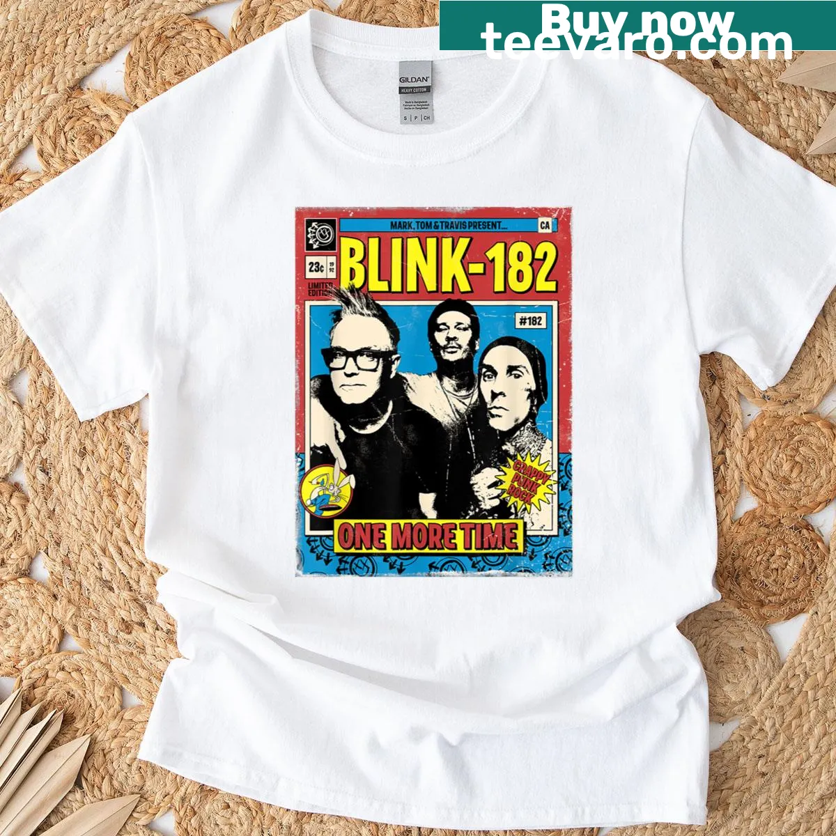 Comic-style graphic featuring Blink-182 on a T-shirt — on a men's t-shirt