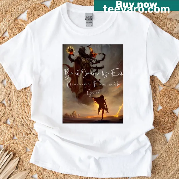 Inspirational T-shirt with the phrase 'Overcome Evil With Good' in bold typography.