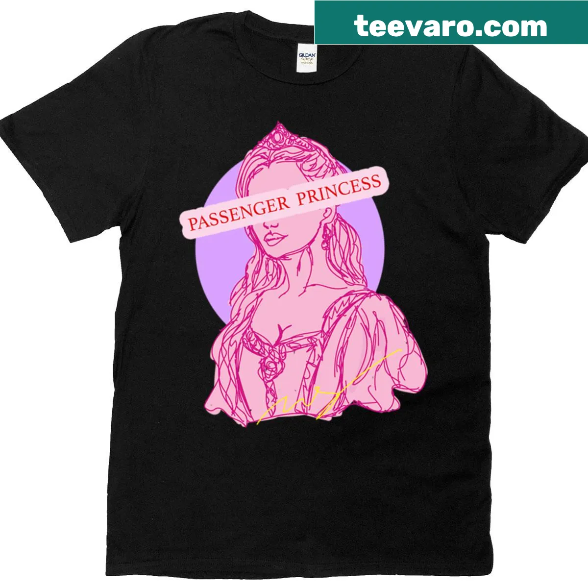 Whimsical Passenger Princess T-shirt with playful typography — on a men's t-shirt