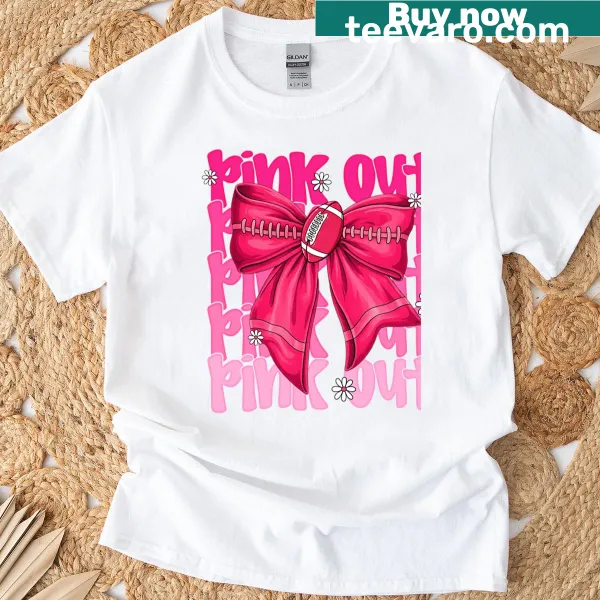 Illustrative T-shirt featuring a pink bow and breast cancer awareness message
