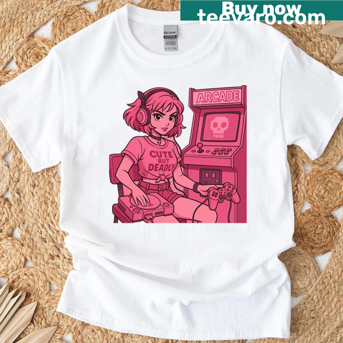 Retro aesthetic T-shirt for gamer girls with 'Cute But Deadly' text — on a men's t-shirt