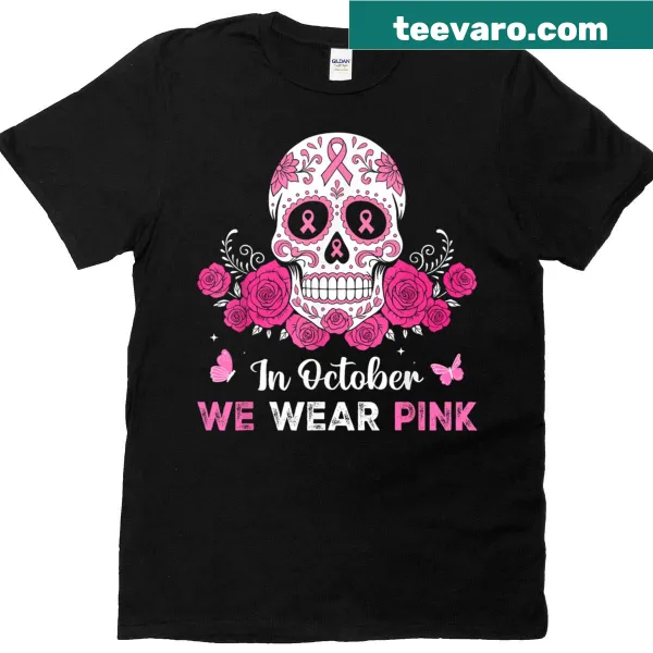 Halloween T-shirt with a pink ribbon skull design for breast cancer awareness.