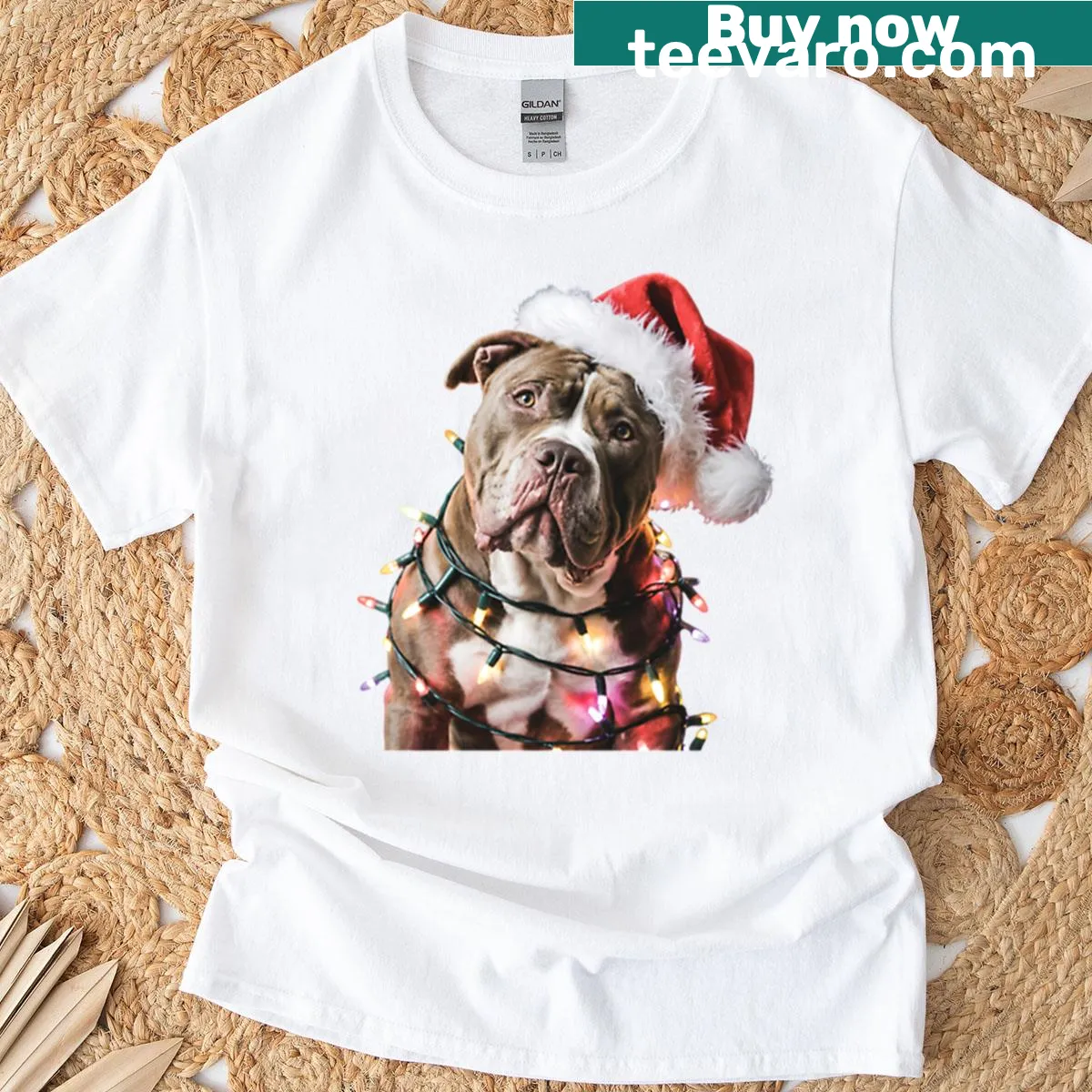 Cute pitbull in Santa hat wrapped in Christmas lights design — on a men's t-shirt