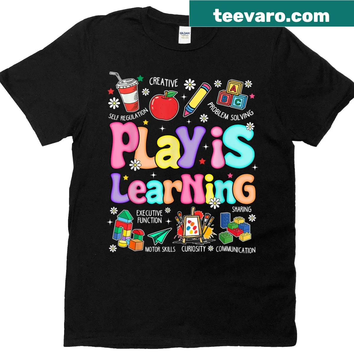 Typographic t-shirt celebrating play in learning for teachers — on a men's t-shirt