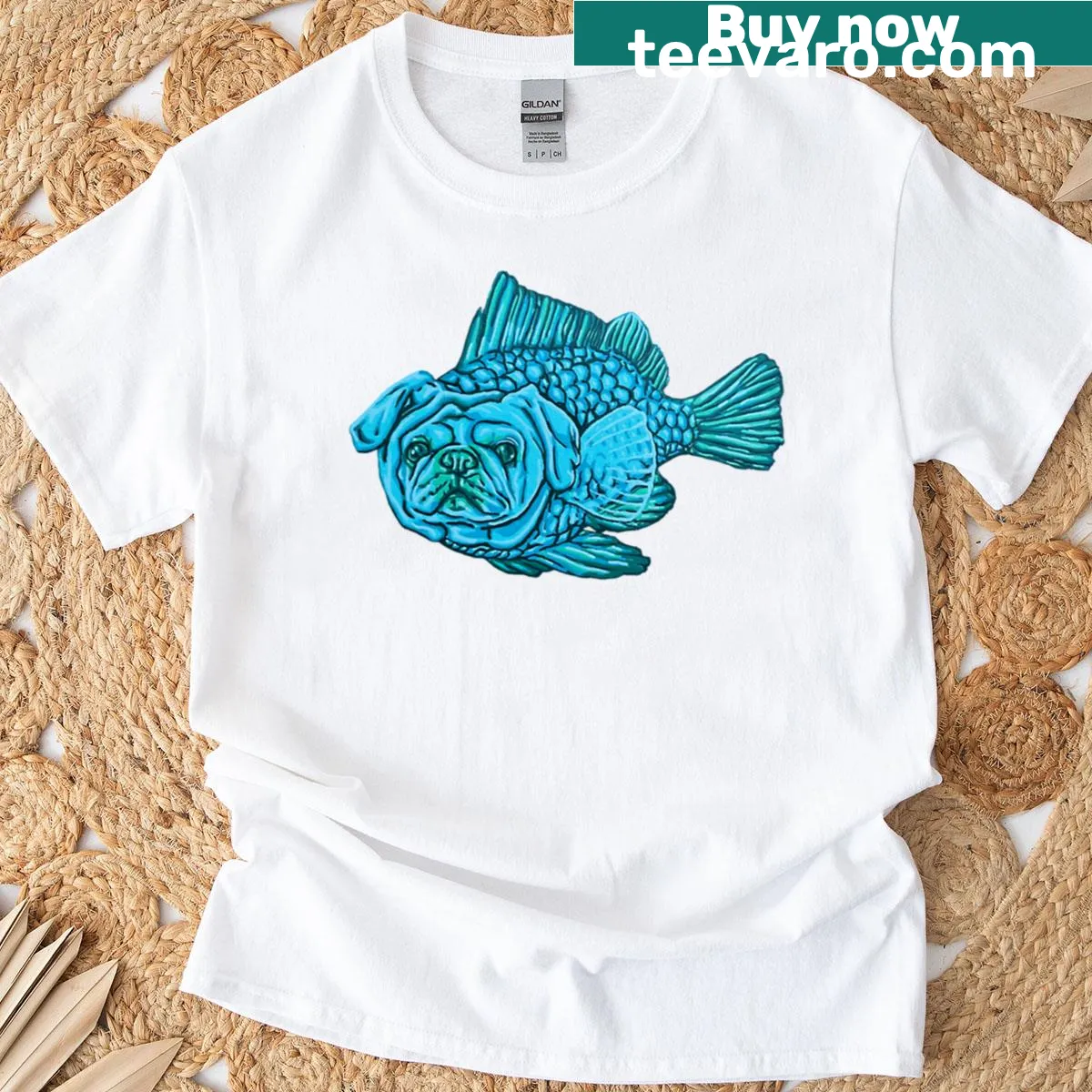 T-shirt with a whimsical illustration of a pug and a fish — on a men's t-shirt