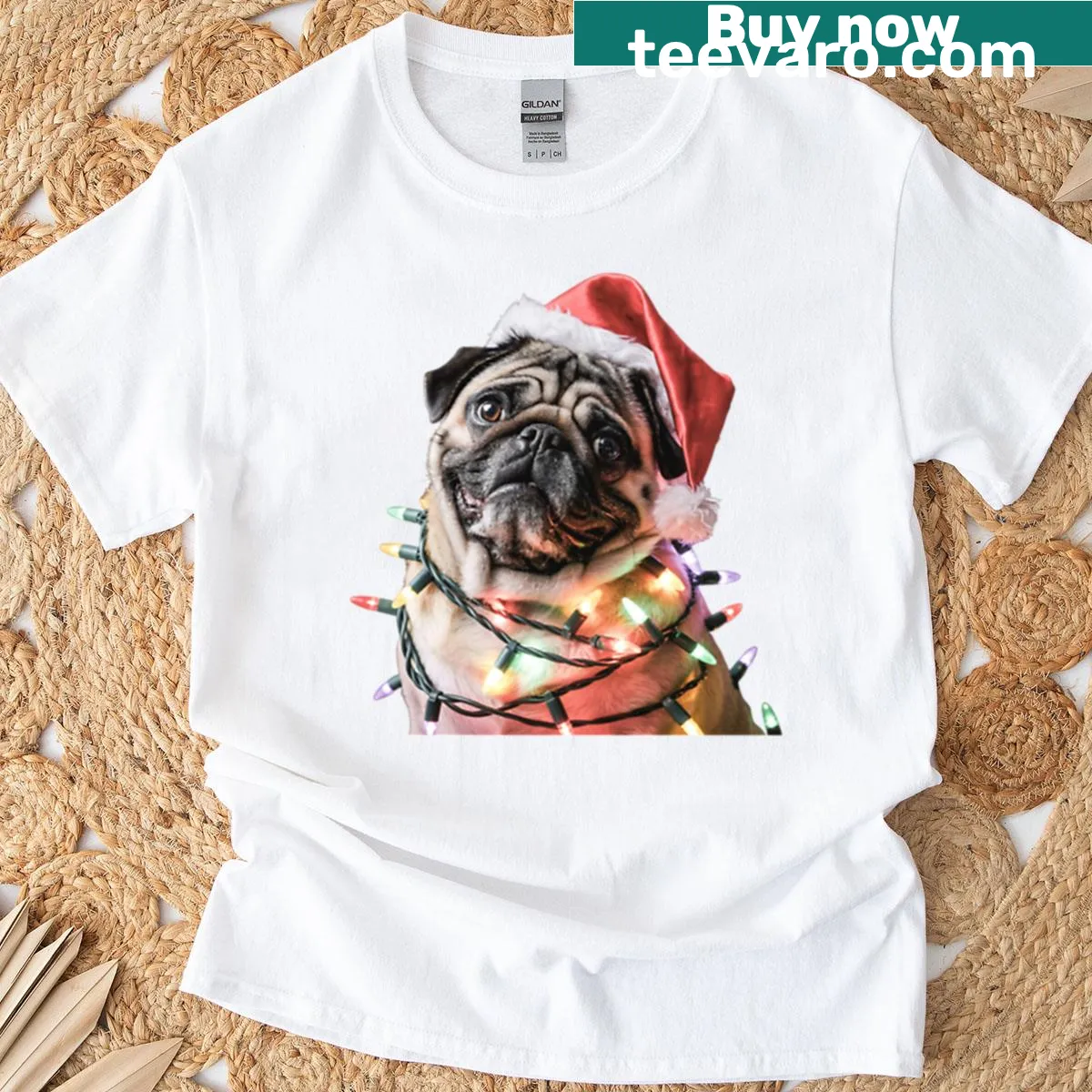 Cute pug in Santa hat wrapped in Christmas lights design — on a men's t-shirt