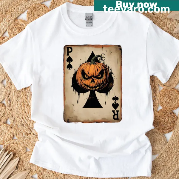 Playful graphic of pumpkins playing poker on a t-shirt
