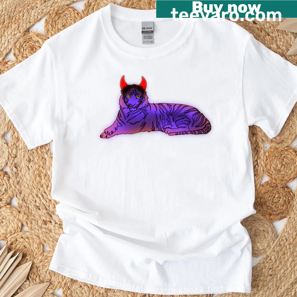 Cute tiger wearing devil horns Halloween design t-shirt — on a men's t-shirt