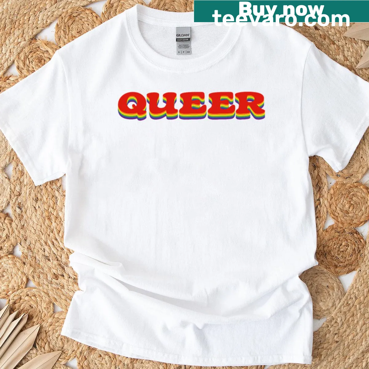 Typography shirt with the word 'Queer' prominently displayed — on a men's t-shirt