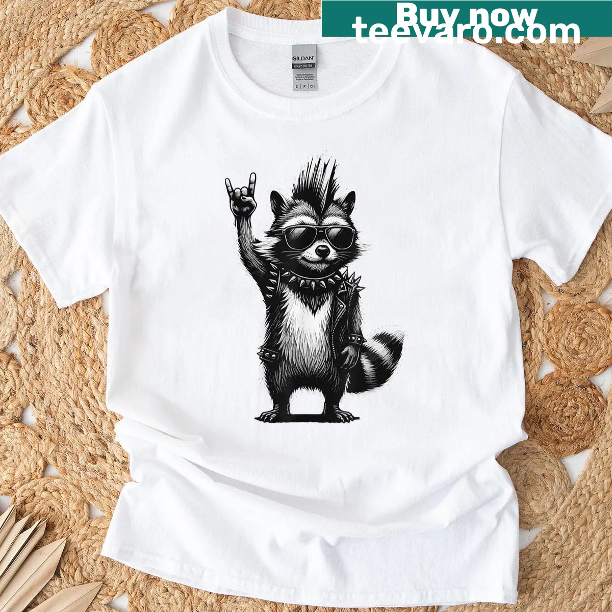 Punk rock raccoon with mohawk and guitar illustrated on t-shirt — on a men's t-shirt