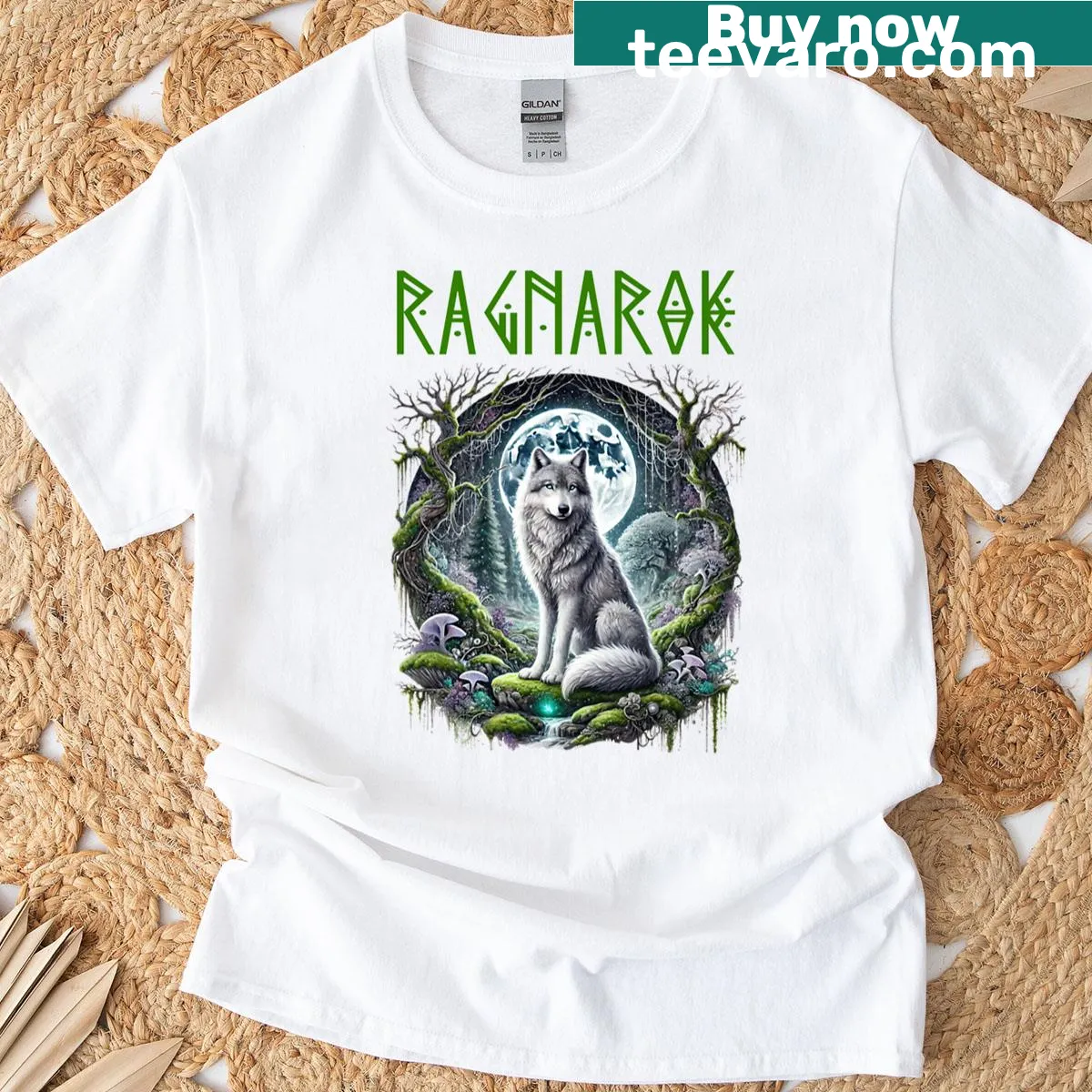 Illustrative T-shirt featuring a majestic wolf as a guardian of the forest — on a men's t-shirt