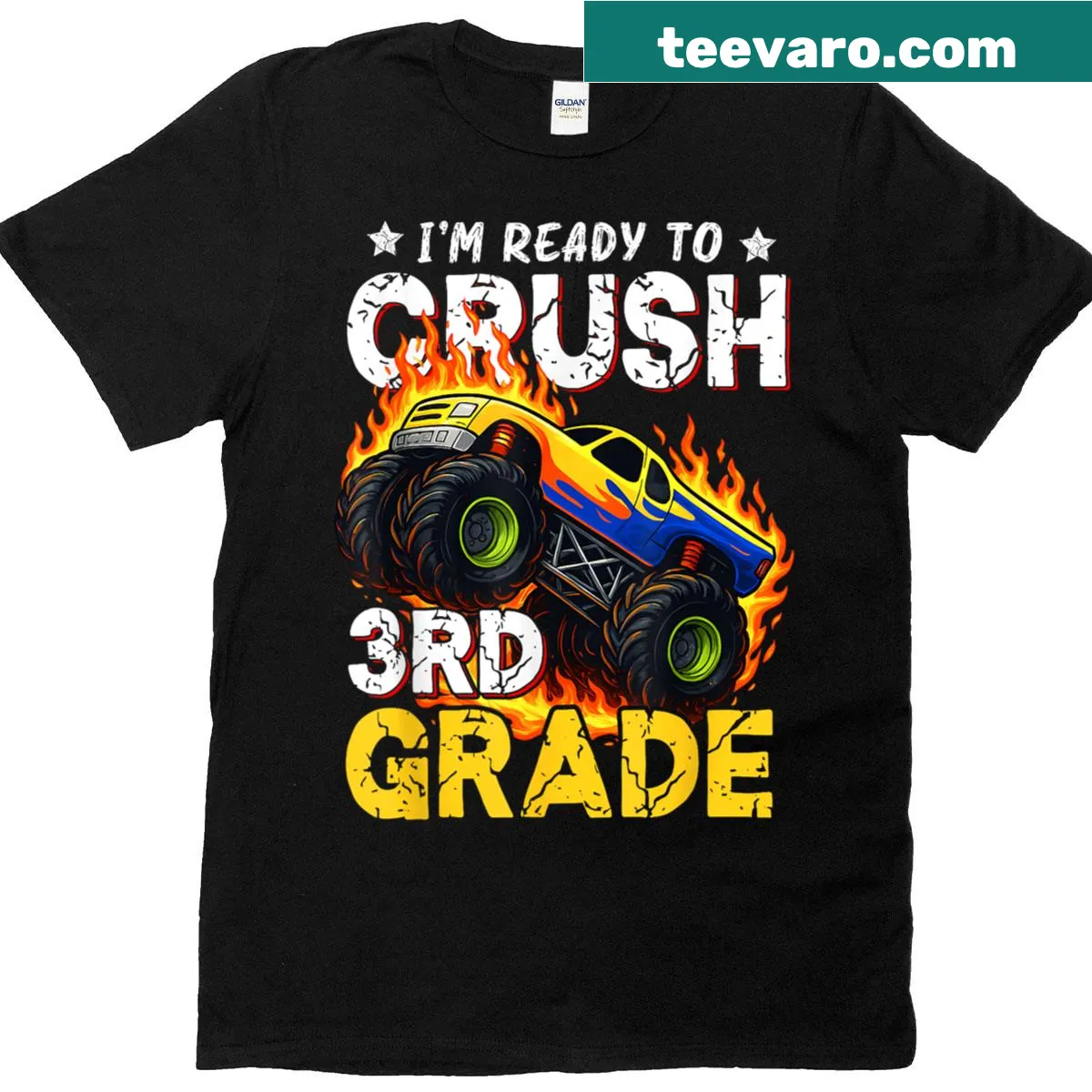 T-shirt with a graphic of a monster truck and the text 'Ready To Crush 3rd Grade' — on a men's t-shirt