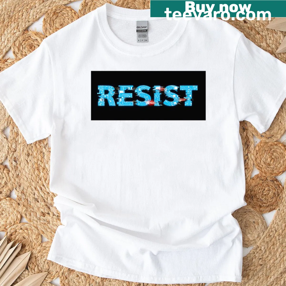 Graphic t-shirt featuring glitch-style text saying 'Resist' — on a men's t-shirt