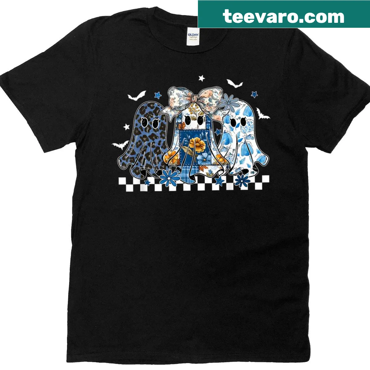Vintage patchwork-style Halloween T-shirt with ghost graphic — on a men's t-shirt