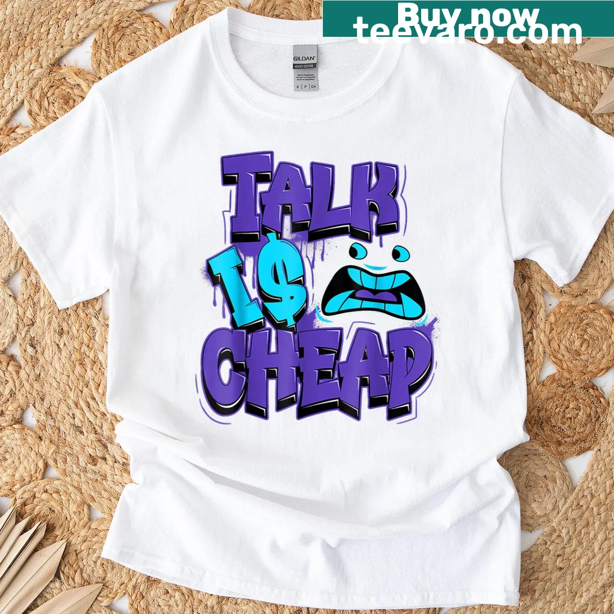 Aqua t-shirt with bold text saying 'Talk Is Cheap' in retro style — on a men's t-shirt