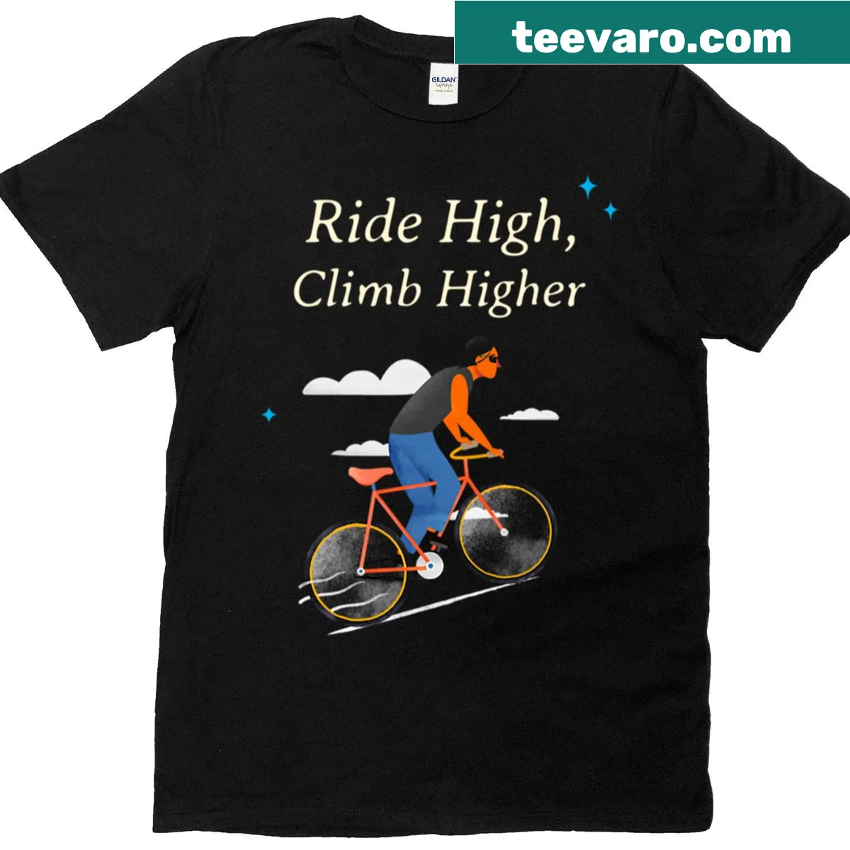 Motivational Ride High Climb Higher T-shirt with bold lettering — on a men's t-shirt