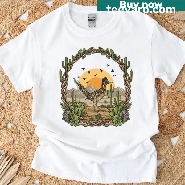 Illustrative t-shirt featuring a roadrunner in the desert