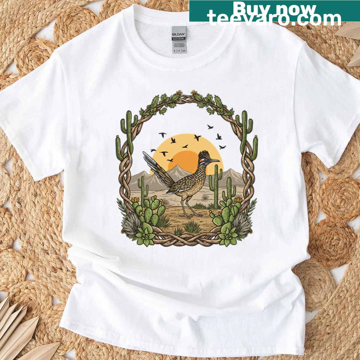 Illustrative t-shirt featuring a roadrunner in the desert — on a men's t-shirt