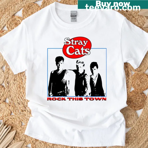 Graphic featuring 'Rock This Town' text with strays in a rock band theme