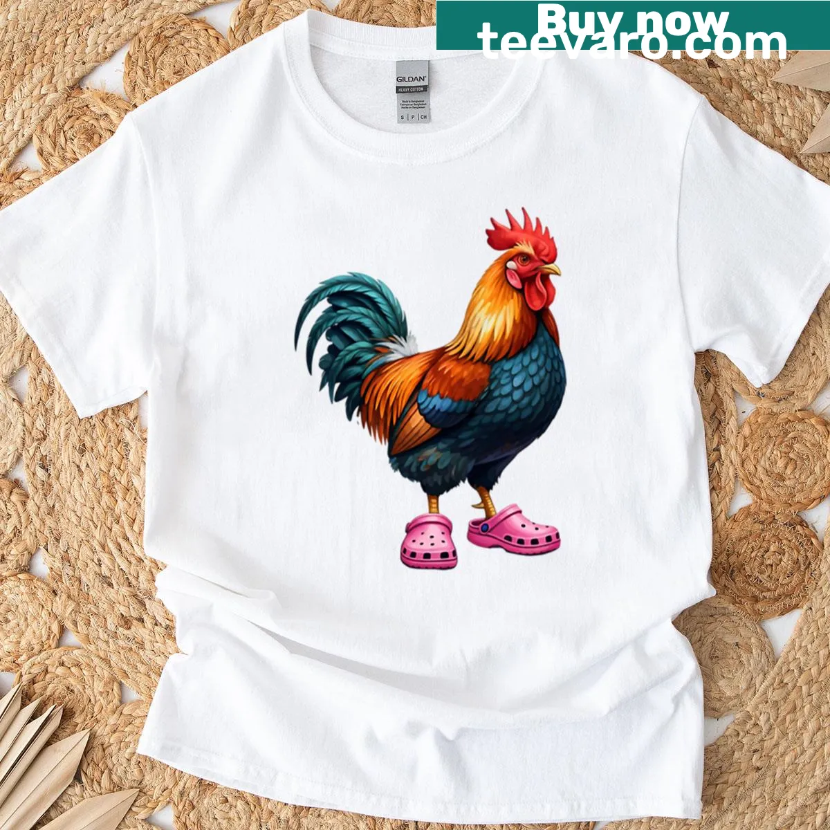 T-shirt featuring a rooster wearing Crocs — on a men's t-shirt