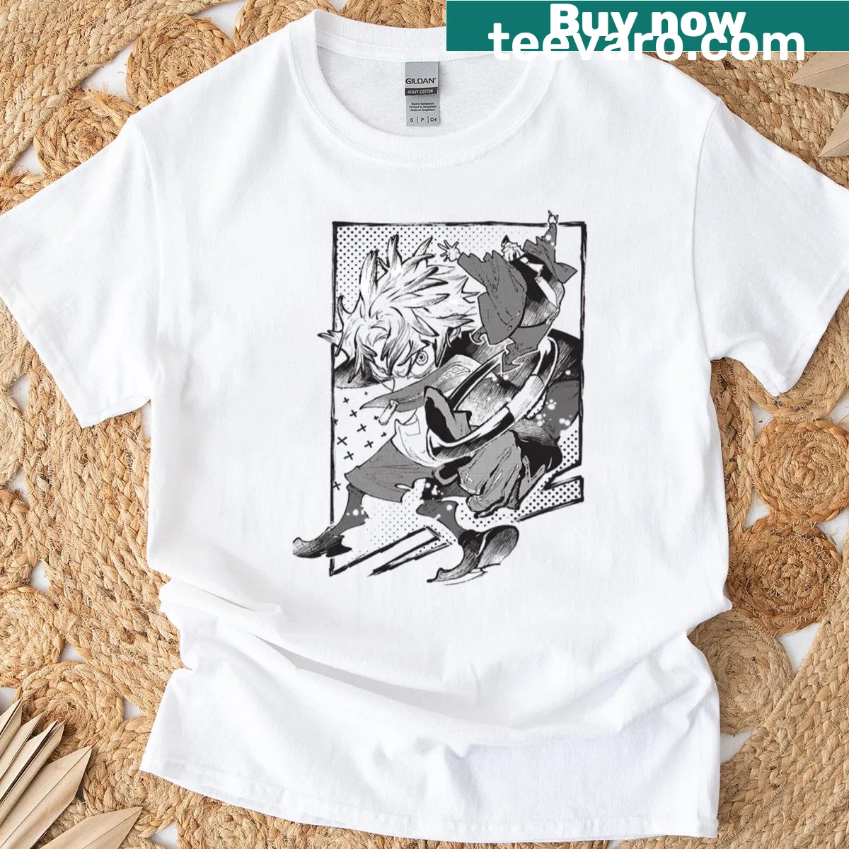 Cute chibi character illustration T-shirt featuring Rudo — on a men's t-shirt