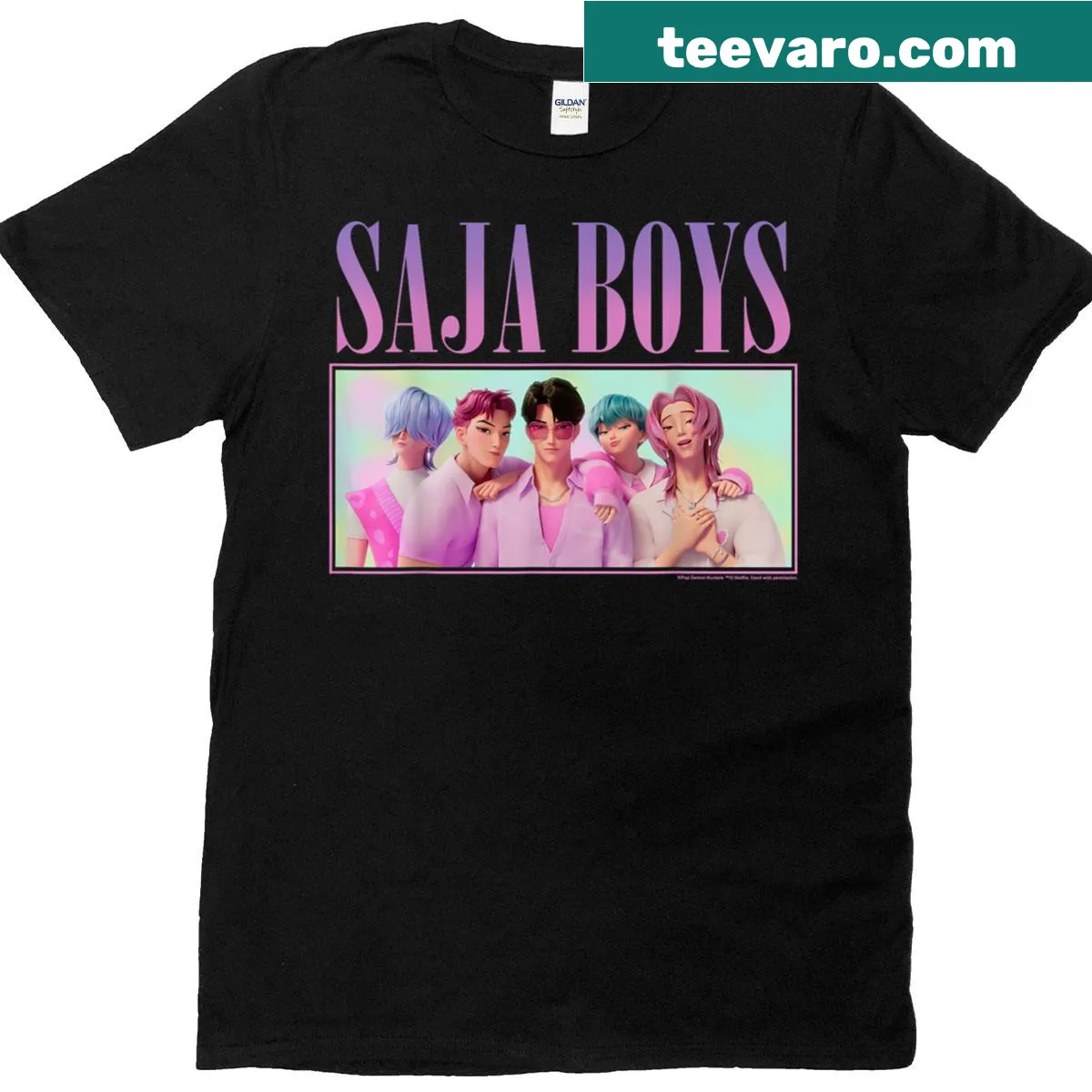 Group shot illustration T-shirt celebrating friendship among the Saja boys — on a men's t-shirt