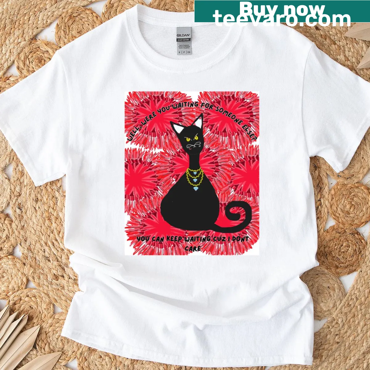 Sassy black cat t-shirt with the phrase 'Keep Waiting I Don't Care' — on a men's t-shirt