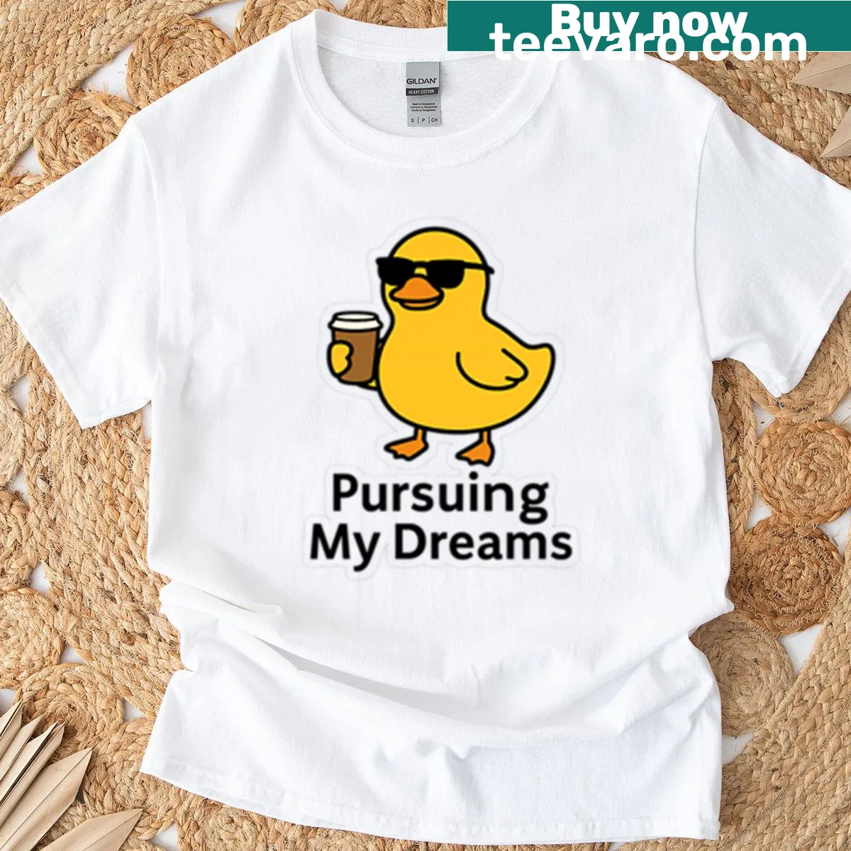 Adorable T-shirt featuring a sassy duck with coffee and sunglasses — on a men's t-shirt