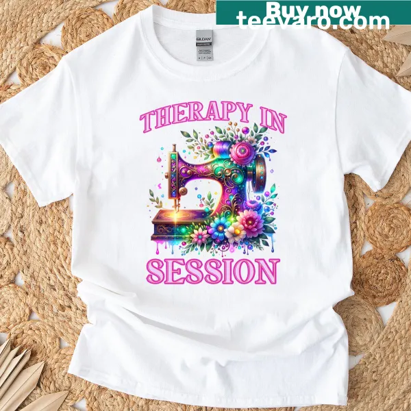 Floral pattern t-shirt with a sewing therapy theme