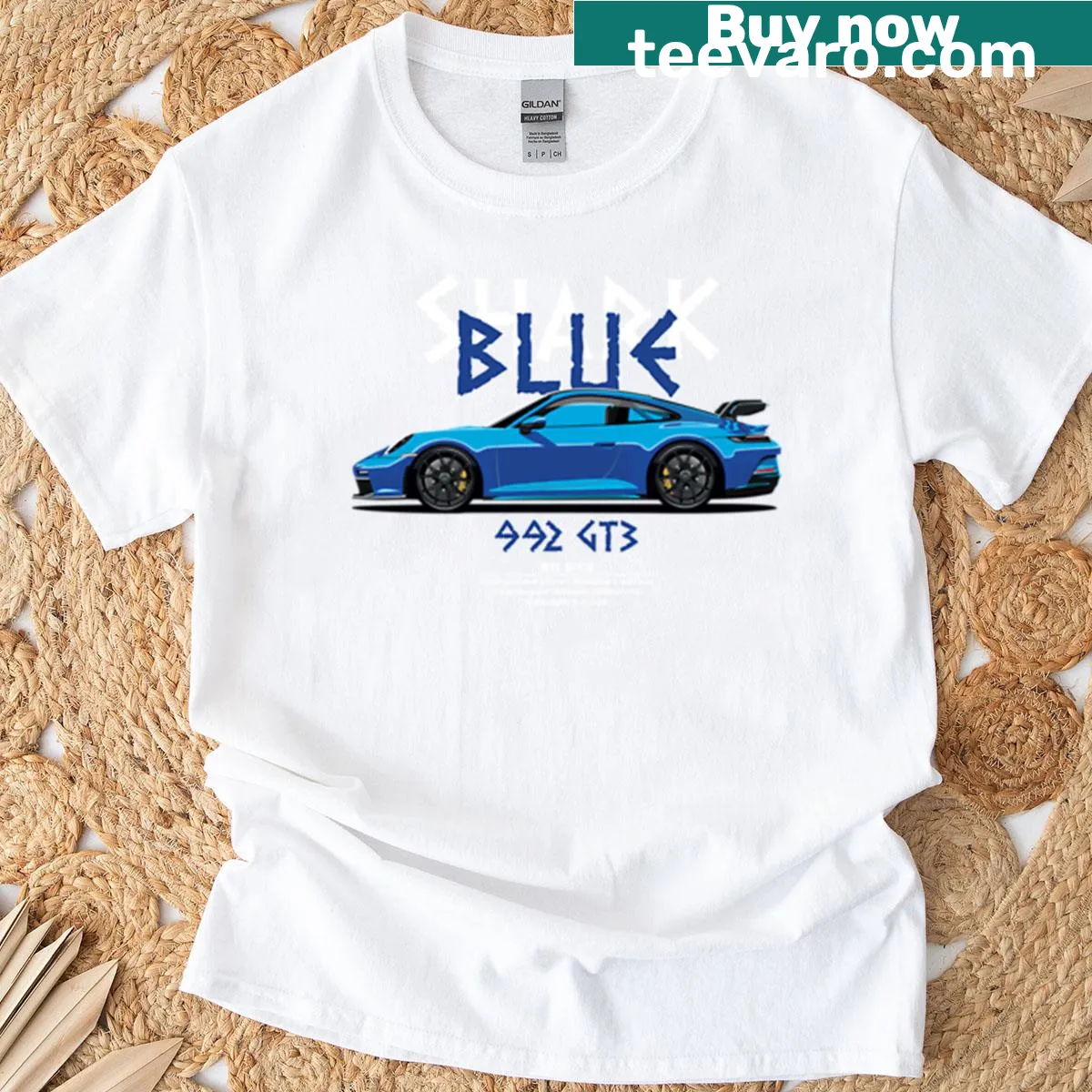 Illustration of a Shark Blue 911 GT3 Type 992 sports car on a t-shirt — on a men's t-shirt